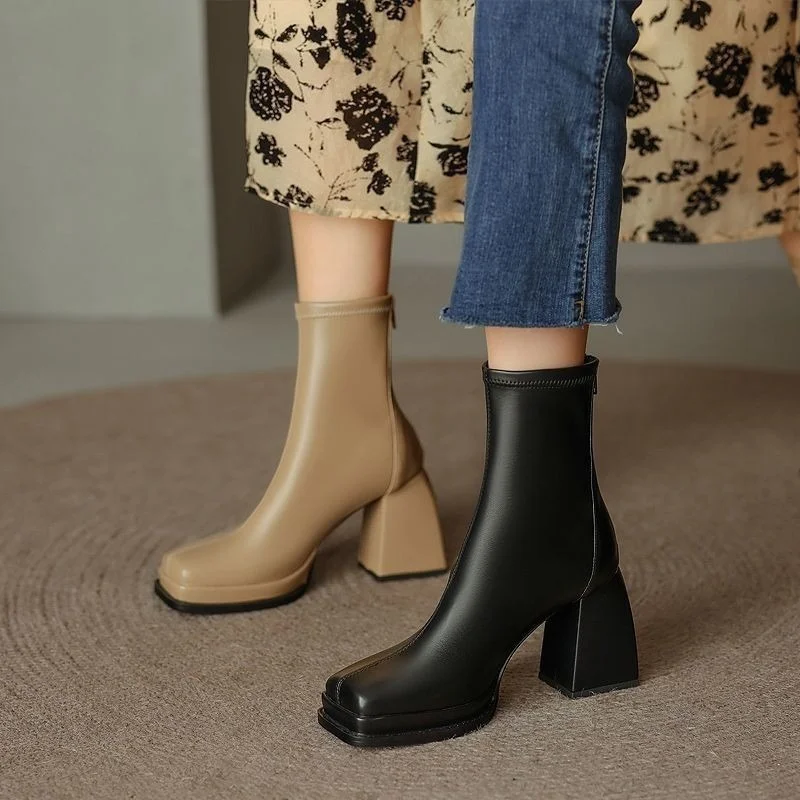 

Luxury Nice Square Low Heel Fashion Ankle Boots Genuine Leather Short Boots Square Toe Zipper Winter Women Shoes Size 34-39