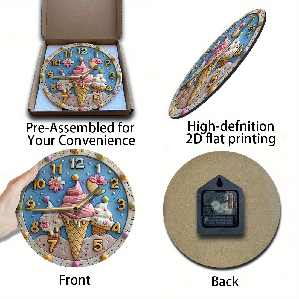 Wooden Wall Clock with Ice - Cream Pattern, Ideal for Home Decor, Uses AA Batteries 3
