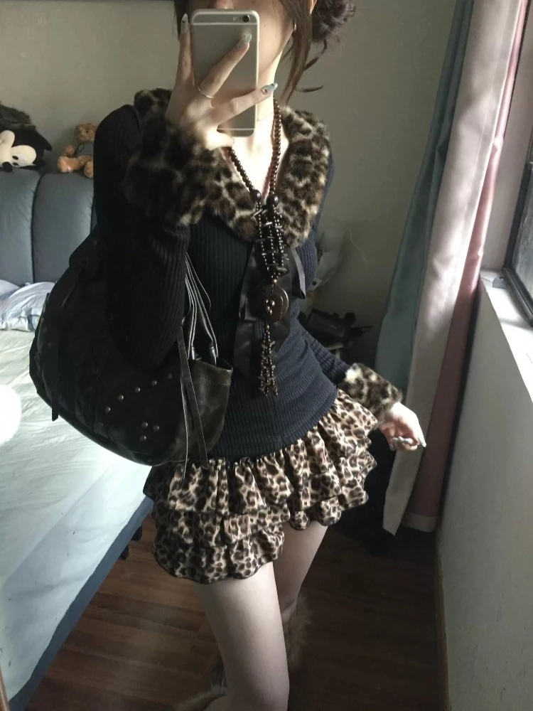 Y2k Women's Skirt A-line Ruffles Leopard Print Jupe 2025 Faldas Mujer De Moda Streetwear Vintage Saia Summer Tunic Mini Skirts