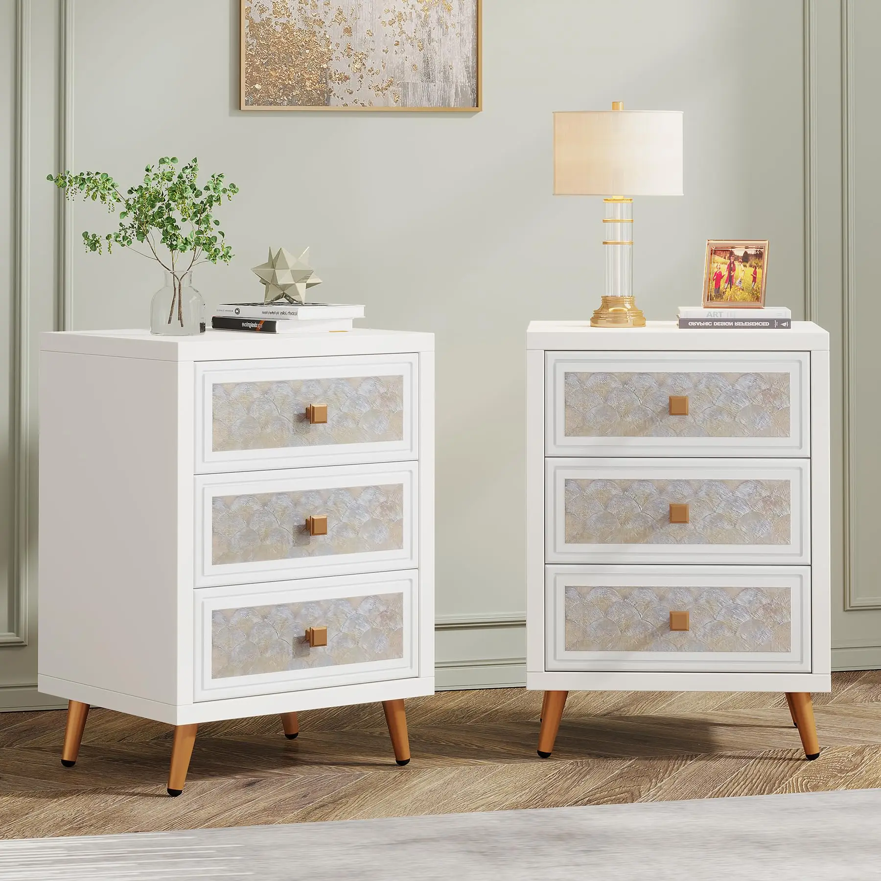 Tribesigns 1PCS Nightstand with 3 Drawers, White Nightstand Bedside Table with 3D Printed Shell Finish, Modern Night Stand Dress