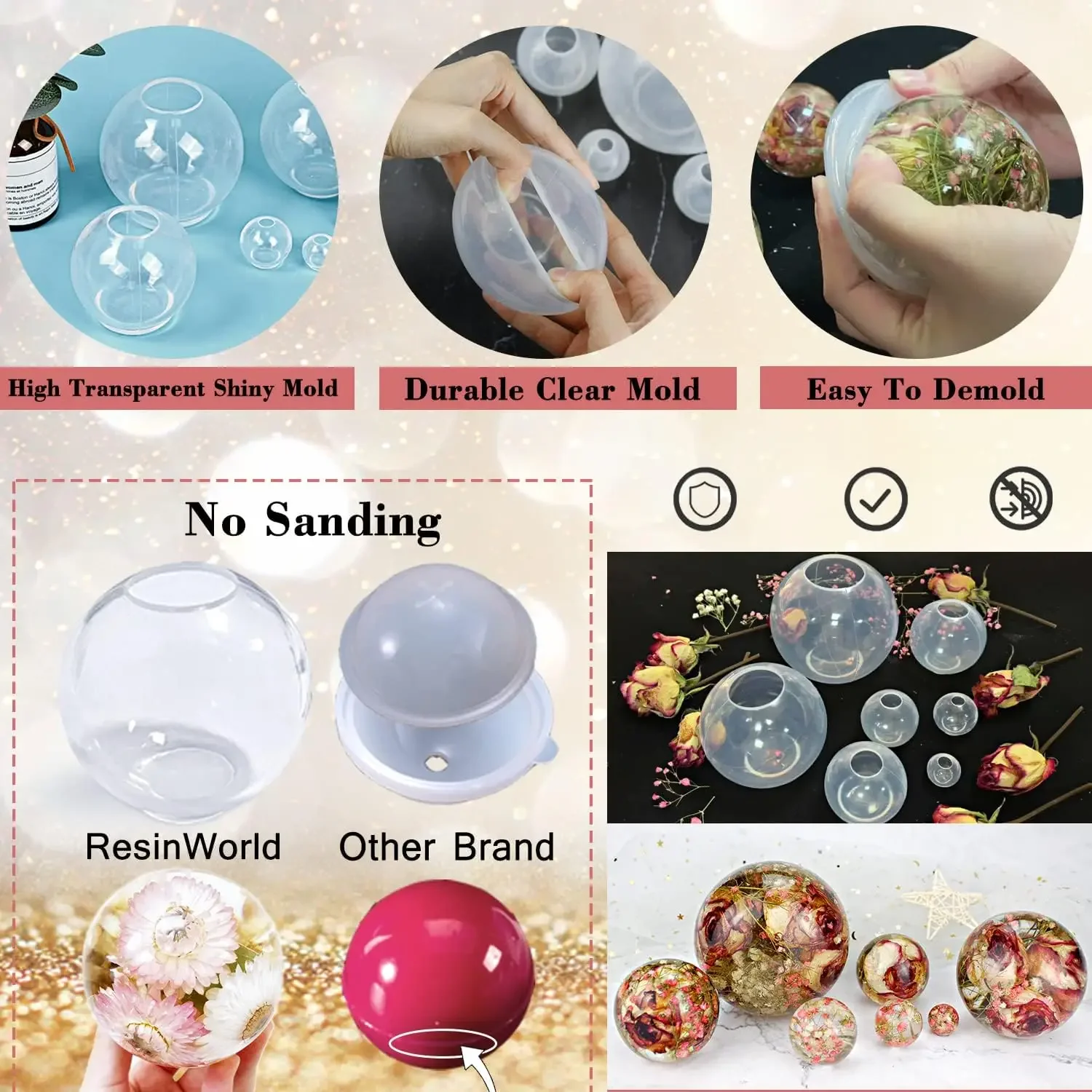 7PCS Large 3D Seamless Sphere Silicone Molds for Resin Casting, Round Ball Orbs Epoxy Resin Mold for Jewelry Soap Candle