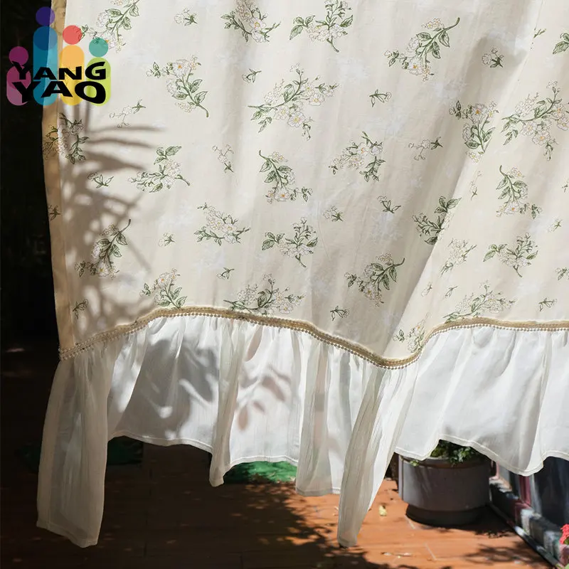 

Floral Door Curtains Sheer Short Curtain Light Filtering Printed Drapes Rod Pockets with Ruffled Edges for Living Room 221860HCR