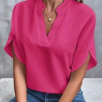 1pcs Woman New Summer Solid Color Shirts Lady Casual Short Sleeve V-neck Collar Loose Shirts Female Fashion Pullover Tops - Image 4