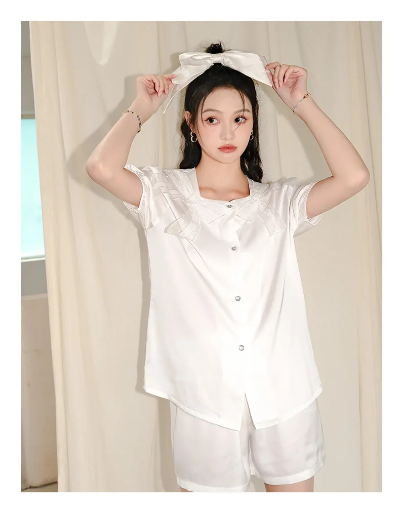 New women's pajamas sequin bow solid color short-sleeved two-piece set pajamas سكسي نيك  woman pj set