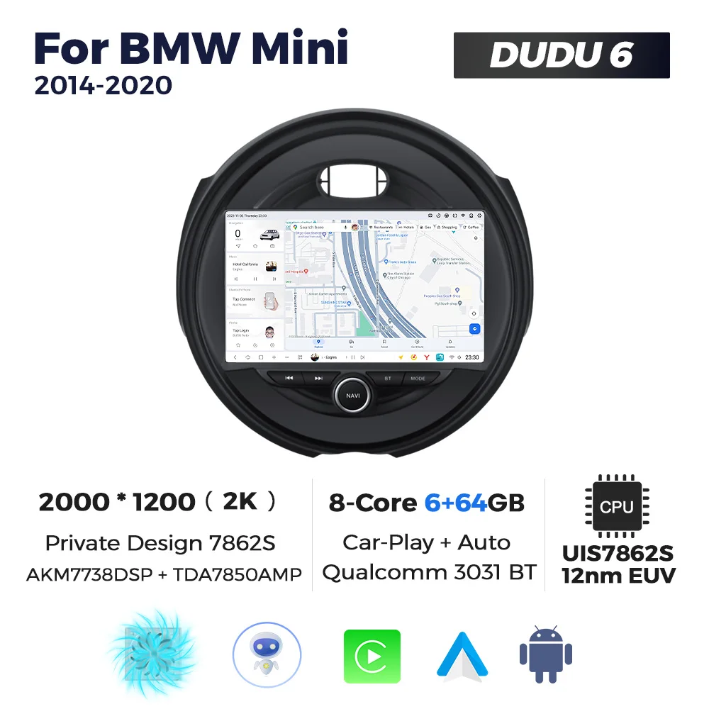 thumbnail image 1 of DUDUAUTO DUDU7 Android 13 para BMW Mini 2014-2020 Reproductor de video multimedia de radio de coche de 8 núcleos DSP Carplay inalámbrico GPS de banda dual automático, 1 of 5