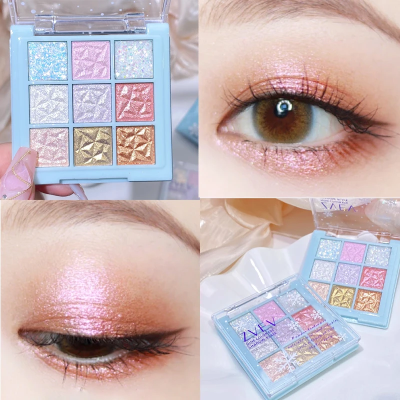 Glitter Pearly Eyeshadow Palette Waterproof Shining Eyeshadow 9-Color Blue Pink Snowflake Lasting Chrome Eyes Makeup Cosmetics