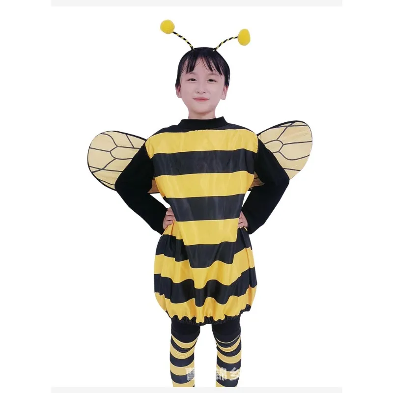 Cosplay Costume Bee Costume Kids Halloween Cosplay Set Bee Dress with Wings Heandband Leg Sleeves and Hair Hoop for Stage Show Dress Up