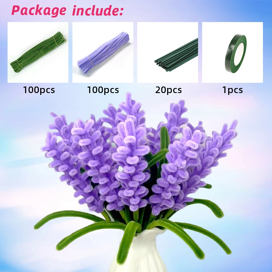 Chenille Pipe Cleaners Craft Supplies Chenille Craft Supplies 200 Pcs Pipe Cleaners Chenille Stem Flowers Pipe Cleaner Craft Colored Cleaner For Creative Handmade DIY Lavender Bouquet