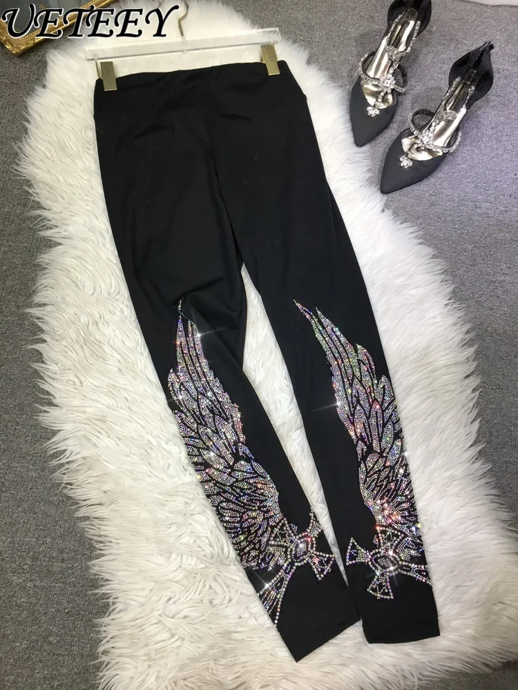 

Heavy Embroidery Hot Drilling Black Leggings Women Autumn New Cartoon Wings Bottoming Pants High Waist Cropped Sports Yoga Pants