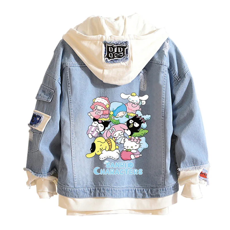 

Sanrio Kawaii Hello Kitty Anime Cinnamoroll Denim Jacket Liberally Pompompurin Blouse Pochacco Tops Couple Clothes Girls Gift