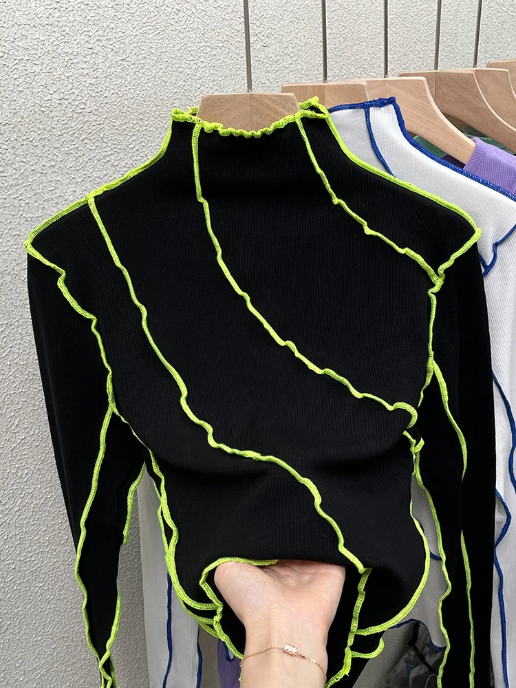 

Women Black Gothic T-shirt Harajuku Korean Y2k Tee Top Vintage Long Sleeve Turtleneck T-shirts 90s Aesthetic 2000s Clothes 2024