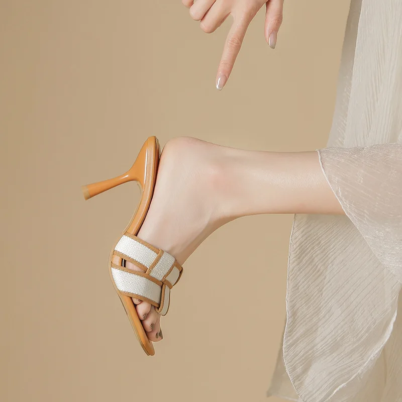 

Women Fashion High Heel Sandals Female 2023 Summer New White Black Fish Mouth Slippers