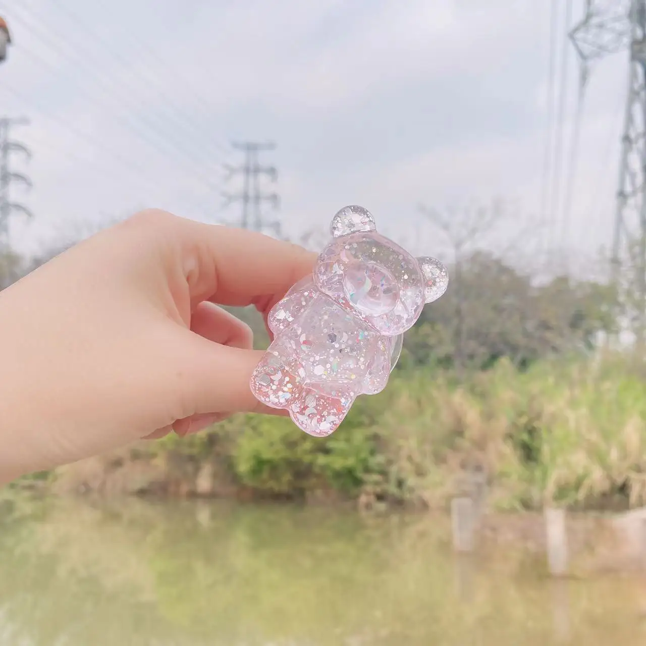 iphone charging dock Glitter bear transparent three-dimensional lazy retractable desktop back with air cushion support phone holder for car cup holder Holders & Stands