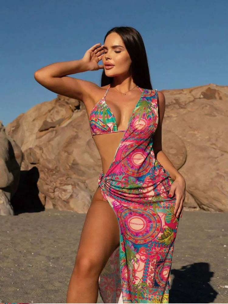 Color Patchwork Women Bikini 3 Piece Set 2023 Summer Beach Bathing Suit with High Slit Long Maxi Dress Holiday Swimming Suit