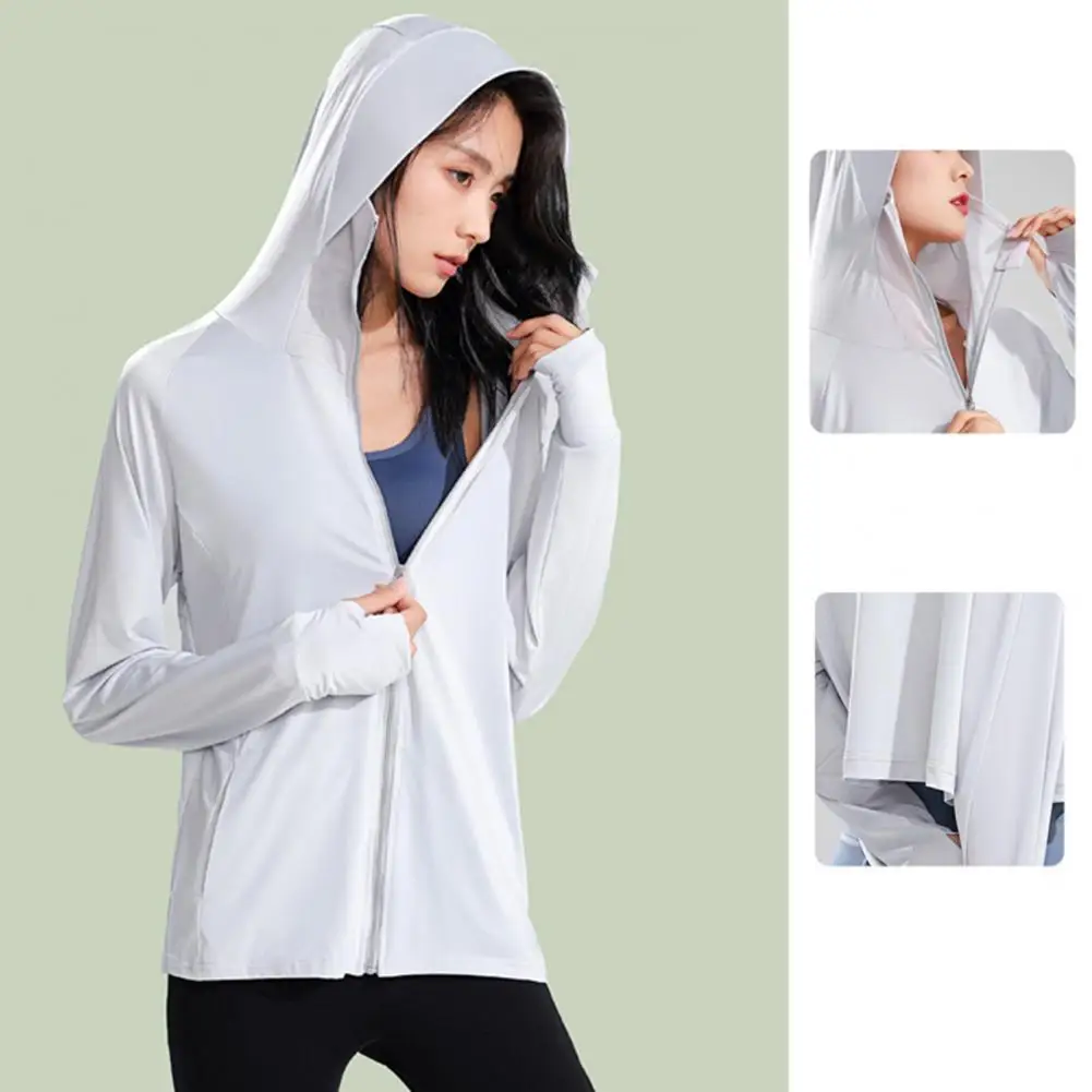 

Women Sunscreen Coat Long Sleeve Thin Sun Protection Quick Dry Hooded Anti-UV Solid Color Zipper Closure Summer Riding Coats