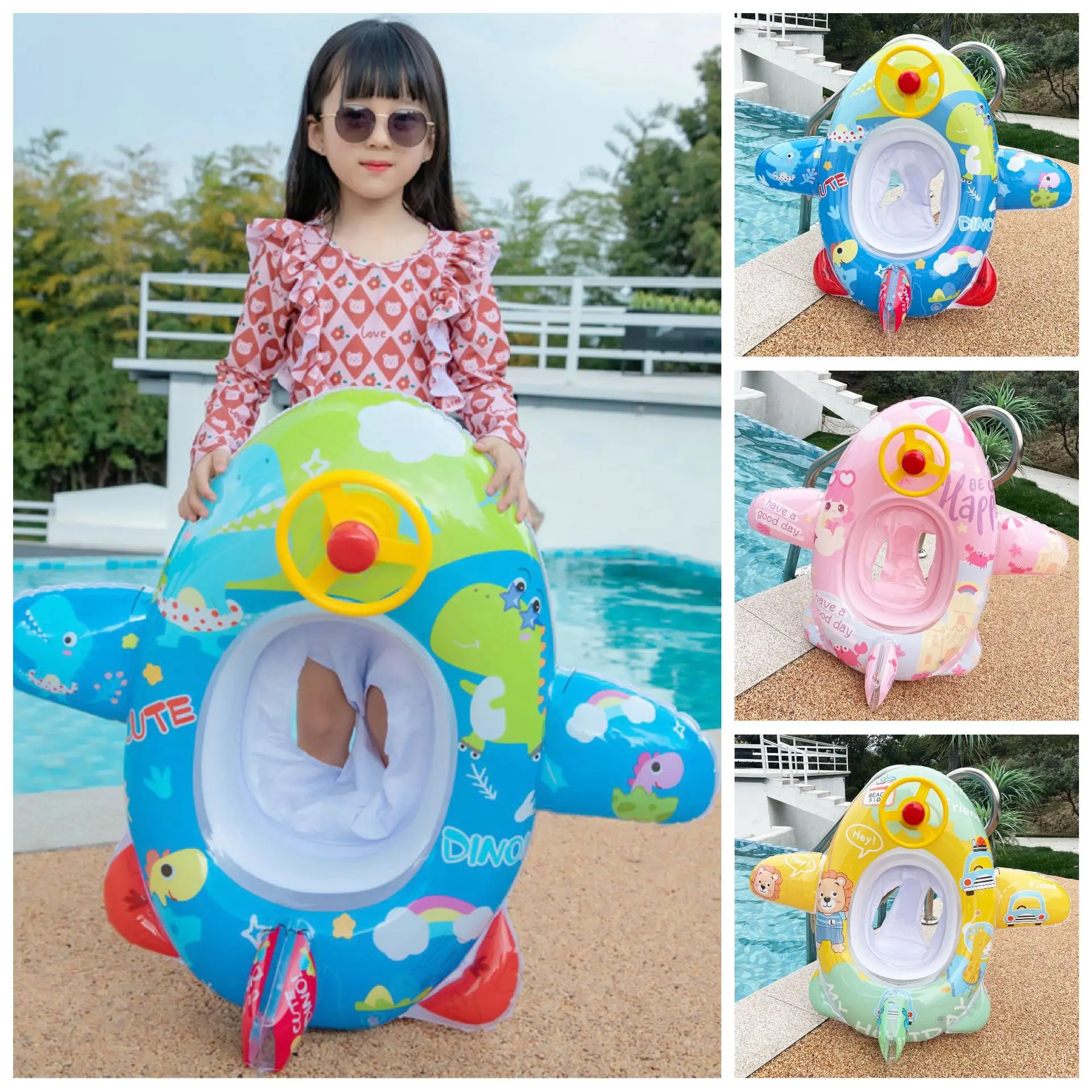 

Baby Thicken Lifebuoy Swim Pool Play Fun Steering Wheel Swimming Ring Cartoon Print Child Seaside Amuse Inflatable Trumpet Boat