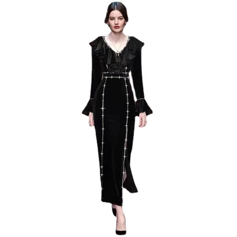 

2024 последний дизайн V-образный вырез гофрированный длинный рукав Талия стройнящее платье