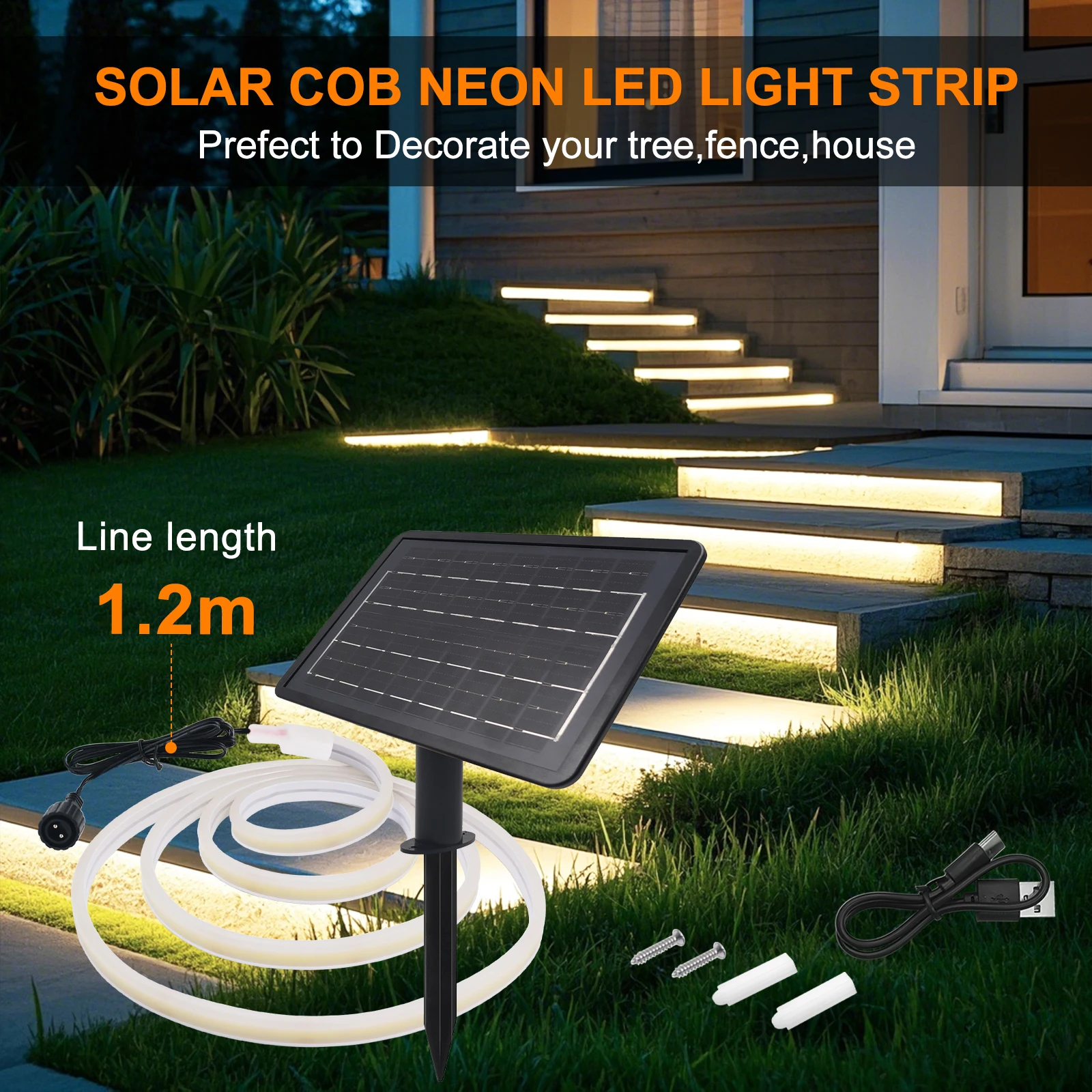 IP68 방수 태양광 COB LED 네온 스트립 양면 발광 고휘도 320LED/M 웜 화이트 내추럴 8가지 모드 플렉시블 네온 램프 실내외 겸용
