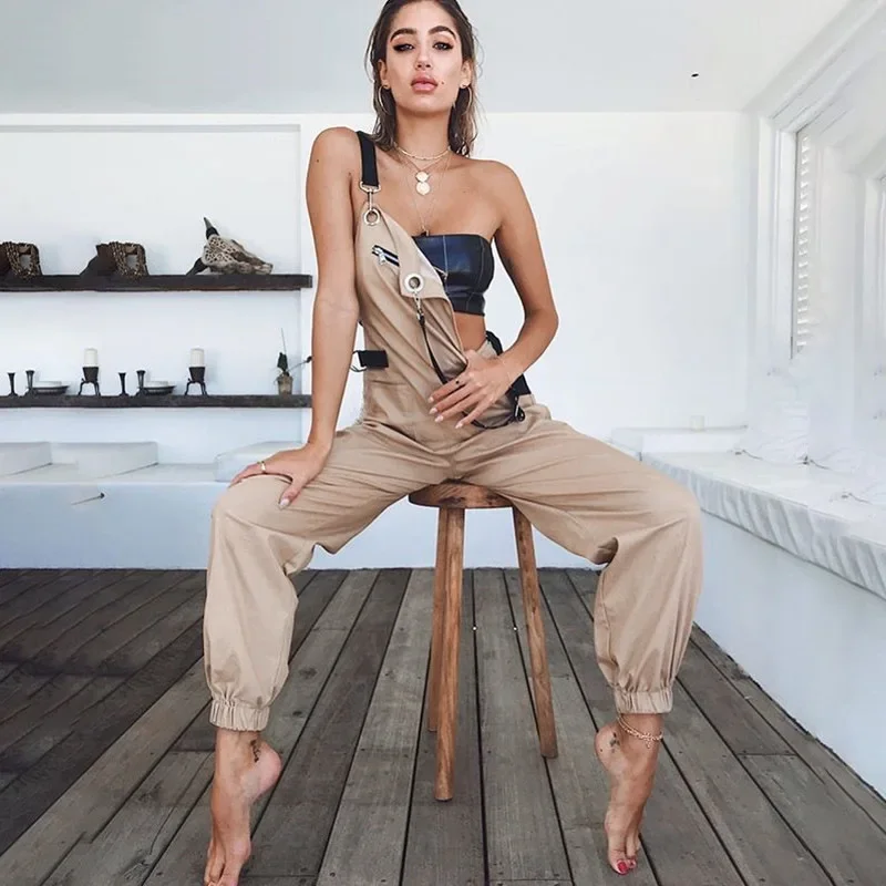 2021 Autumn New Solid Womens Wild Jumpsuit Sleeveless Sling Long Pants Adjusted High Waist Zipper Pocket Cotton Rompers