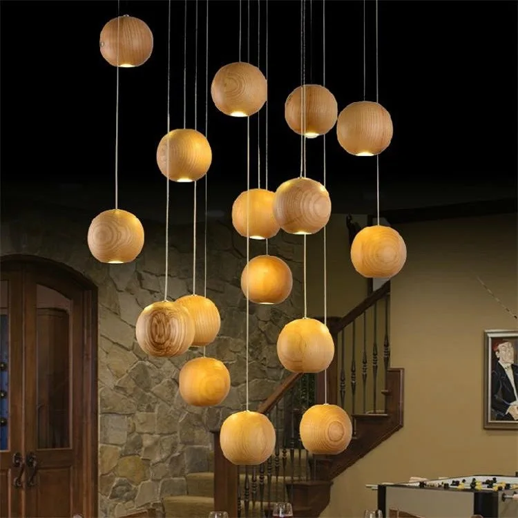 Coco Nordic Creative Staircase Chandeliers Light Living Room Restaurant LED Wooden Ball Hanging Lights Hotel Villa Bedroom