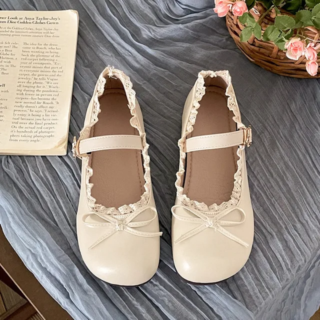 Fashion PU Leather JK Flat Shoes Lace Ruffled Sweet Casual Ballet Flats Soft Sole Bow Slip On Loafers Girls