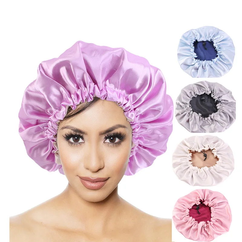 

Sdotter 1PC Women Satin Bonnet Hair Caps Double Layer Adjust Sleep Night Cap Head Cover Hat For Curly Springy Hair Styling Acces