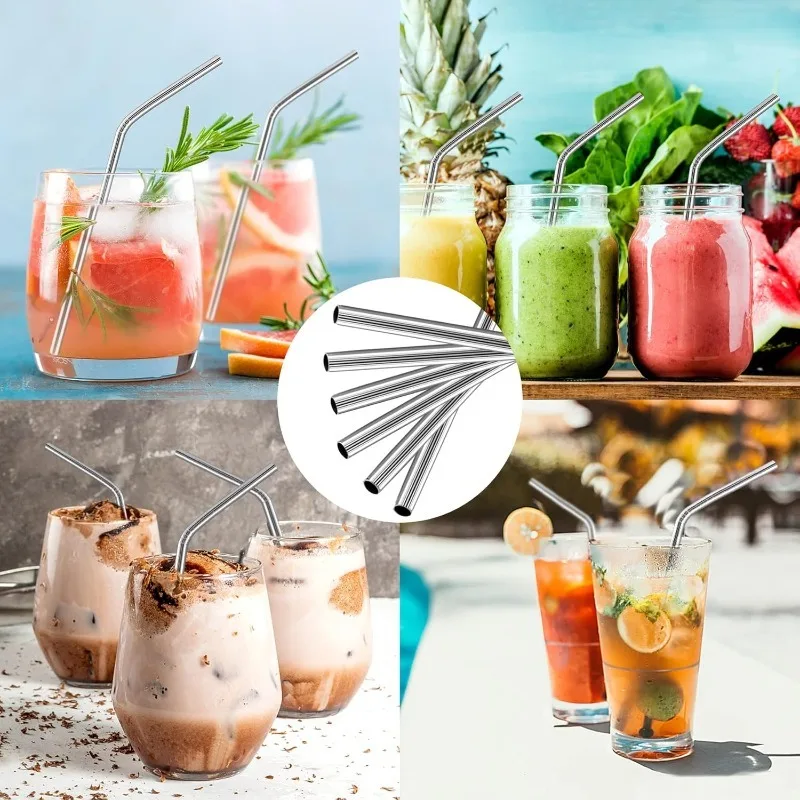 Durable Stainless Steel Reusable Metal Straws with Cleaning Brush for Milkshakes, Bubble Tea, and Smoothies
