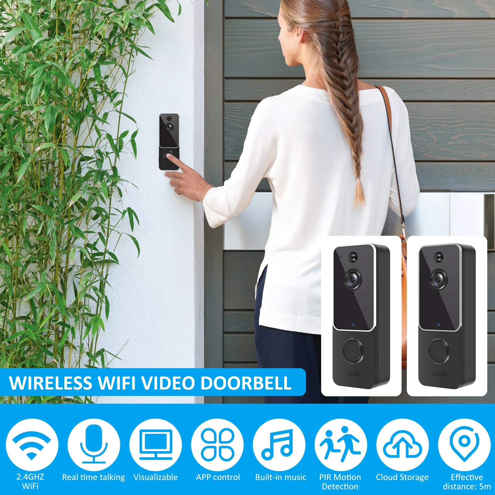 

Video Doorbell 2.4G WiFi 720P HD IP65 Waterproof Night Vision Wireless Doorbell Camera Battery Powered Motion Detection Visual