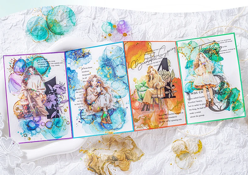 15 Stück kreative Aquarell-Aufkleber mit Heißprägung, Handzelt, DIY-Stick-Etiketten, Scrapbooking-Material, Junk-Journal-Zubehör – Detail 12