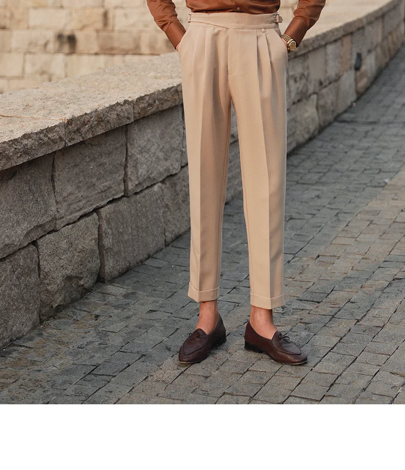 Khaki Fashion Mens Dress Pant High Waist Straight Pants Men Fall Business Versatile Belt Trousers Gentleman Paris Button Pants blazer for men wedding