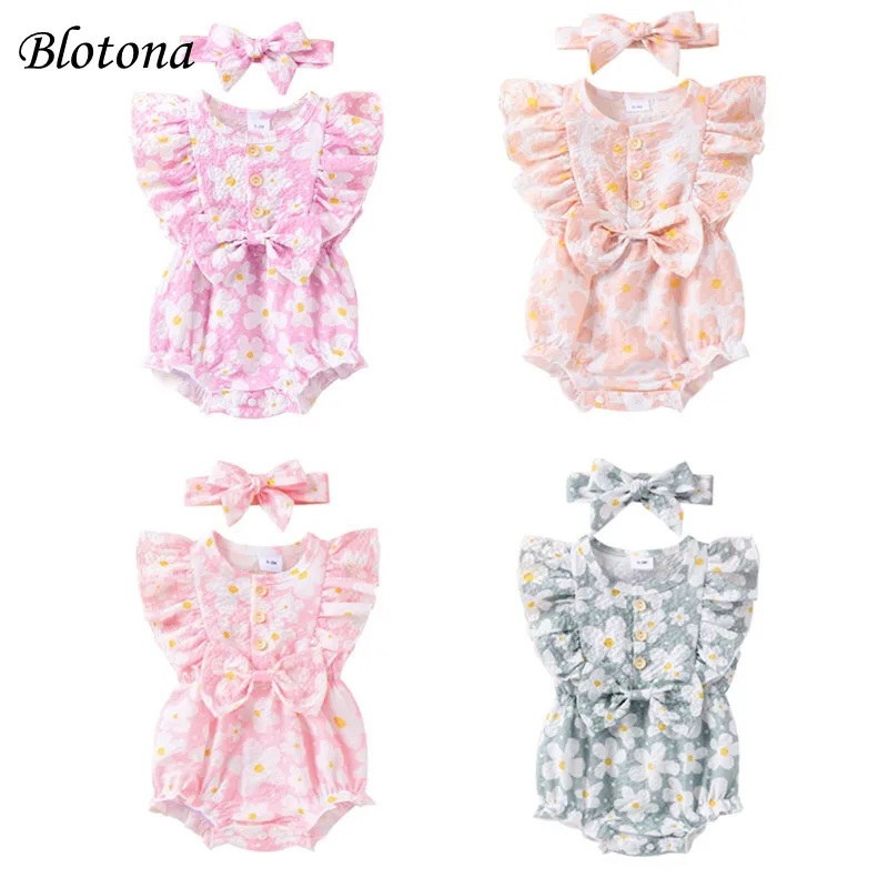 

Blotona Baby Girl Summer Jumpsuit Floral Print Cute Bow Ruffles Fly Sleeve Romper and Headband Set Fashion Outfits 0-18Months