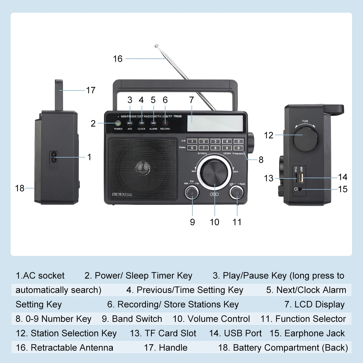 Retekess TR629 Portable Radios AM FM SW Rechargeable All Waves Radio Multiband Shortwave Full Band Radio Mp3 Speaker Alarm Clock