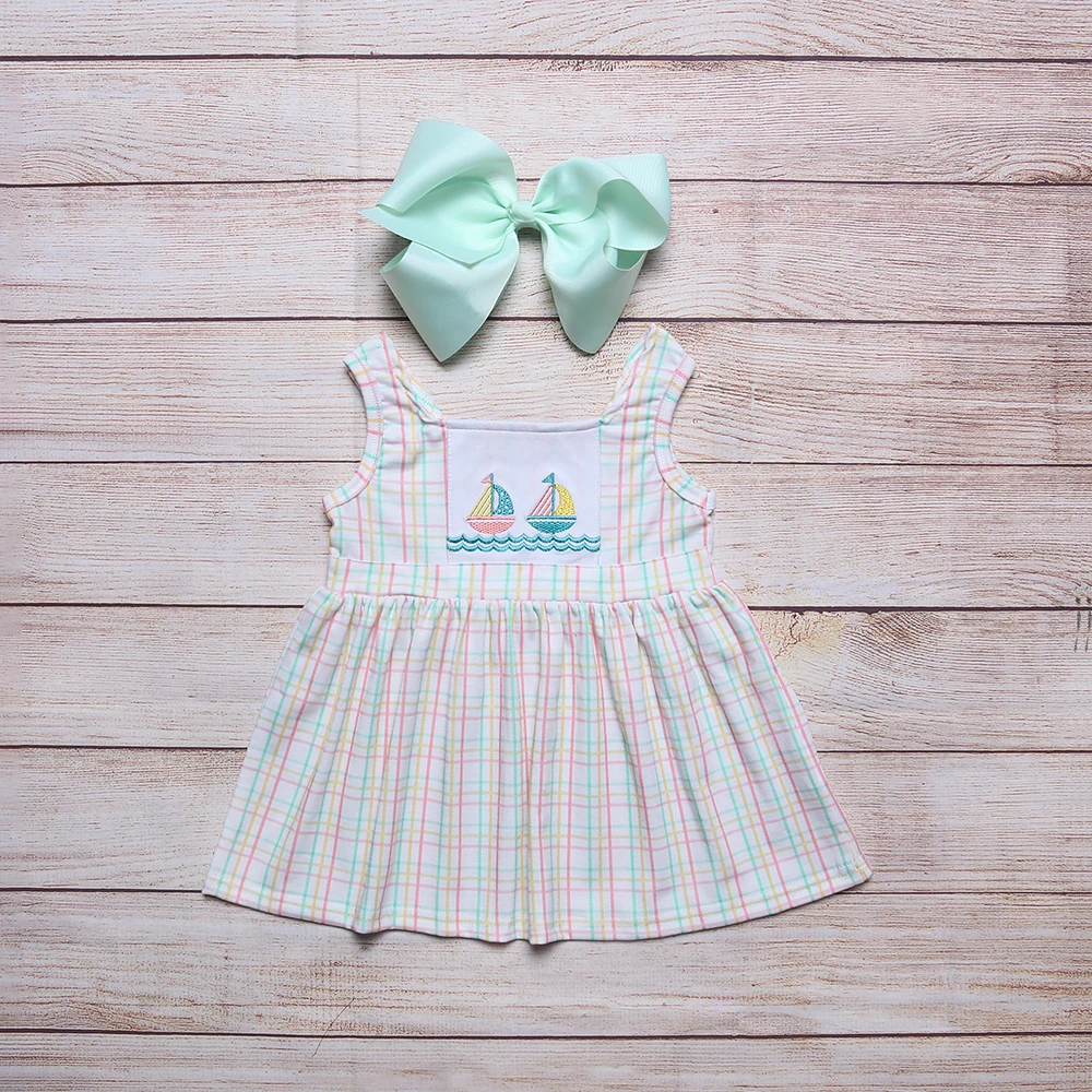 

One-Piece Cotton Clothes Summer New Style Lovely Sailboat Embroidery Dress Off-White Dress Nice Striped Jumpsuit For Girls