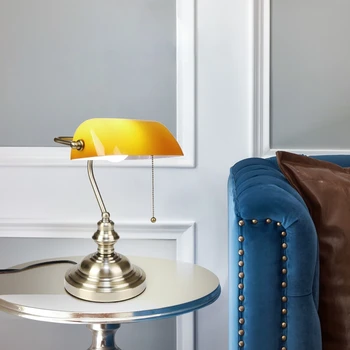 Bankers Desk Lamp with Pull Chain Switch, Amber Glass Shade Desk Lamps, Bronze Base,Vintage Library Lamp 7
