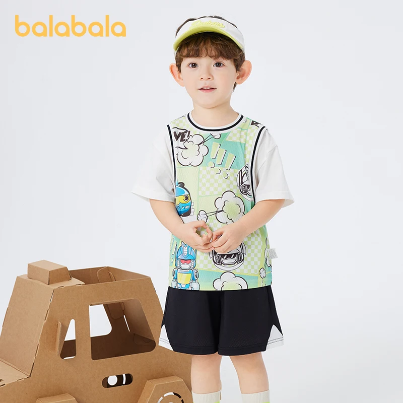 

Balabala Toddler Boy Short-Sleeved Suit Summer 2023 New Casual Trendy Mecha Print Suit