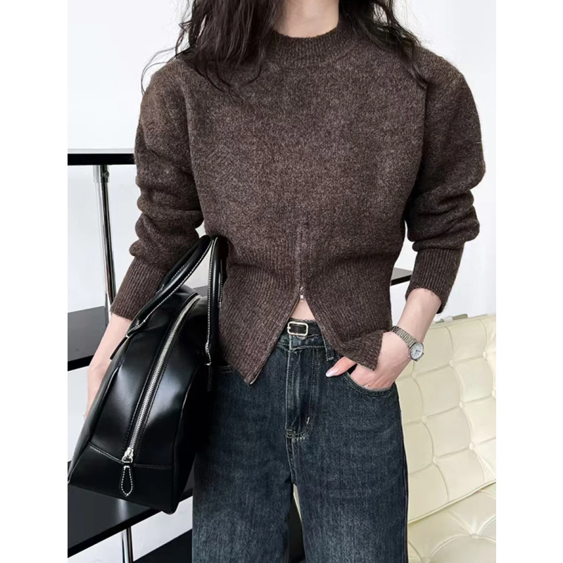 Autumn Temperament Round Neck Zipper Design Loose and Versatile Long Sleeved Knitted Sweater Solid Color Sweater for Women