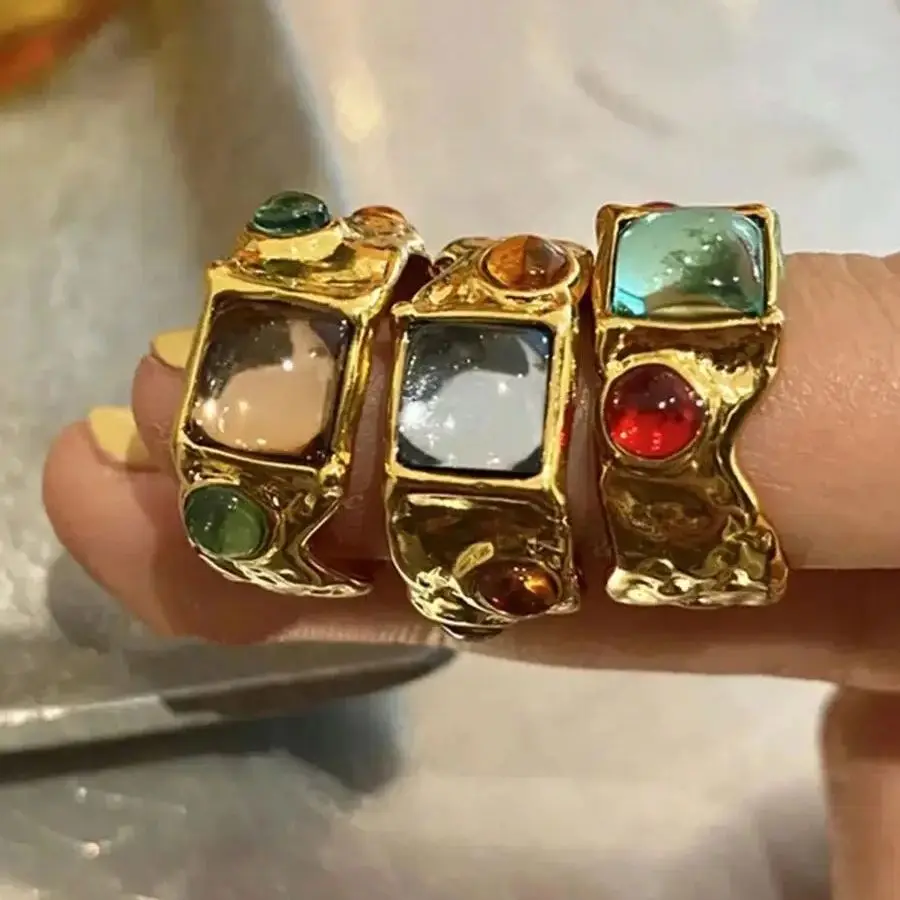 Chic Colorful Crystal Ring For Women Vintage Baroque Premium Gold Color Multicolor Stone Metal Irregular Ring Unique Gift gold color rings gold color ring finger ring