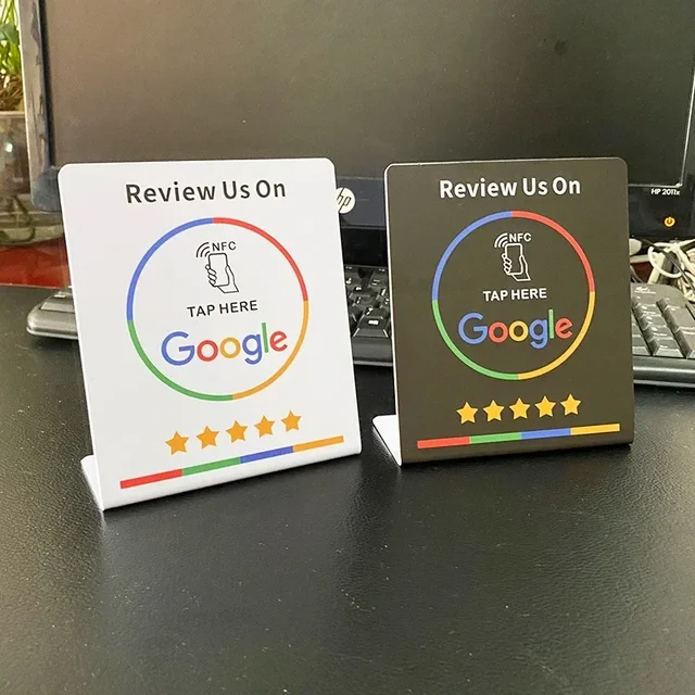 13.56Mhz programmable Google Review Card NFC station table NFC Google Reviews display bending card standing brand bracket 1