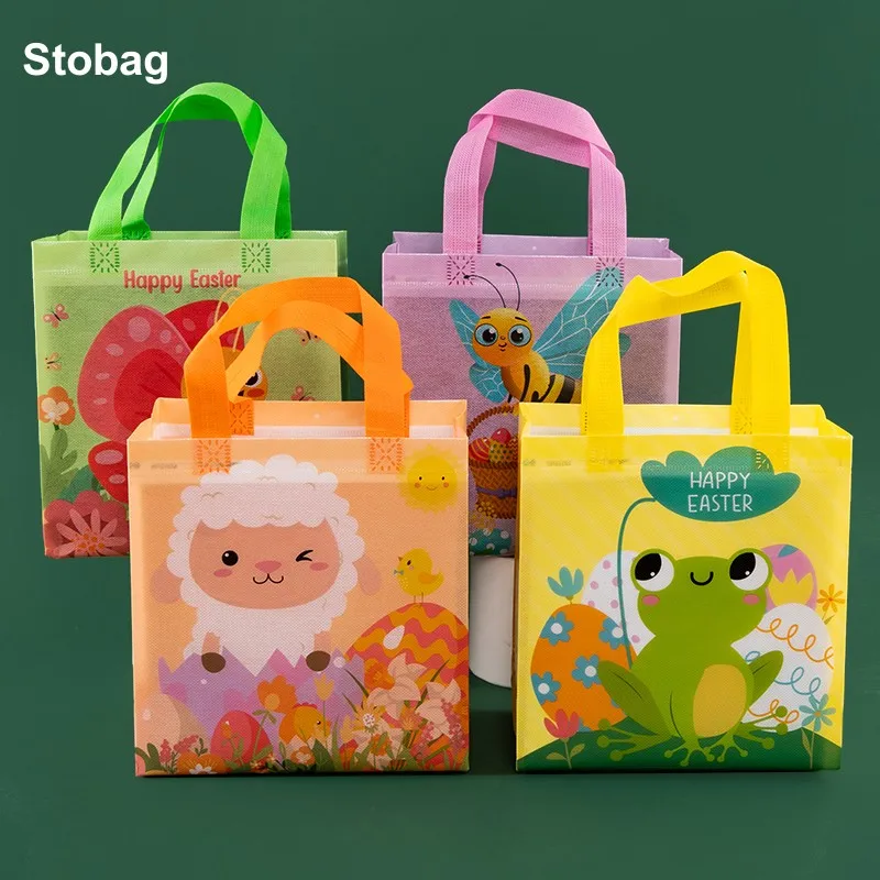 StoBag 4pcs Happy Easter Non-woven Tote Bags Rabbit Gift Fabric Candy Snack Package Waterproof Storage Reusable Pouch Party