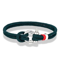 Navy Blue Braided Rope Bracelet with Stainless Steel Horseshoe Shackle - 17cm (Green)