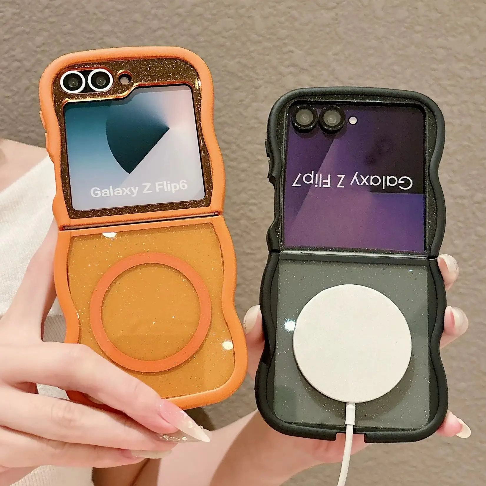 Luxury Big Wave Edge Magnetic Glitter Clear Case with Magsafe Charging Cover