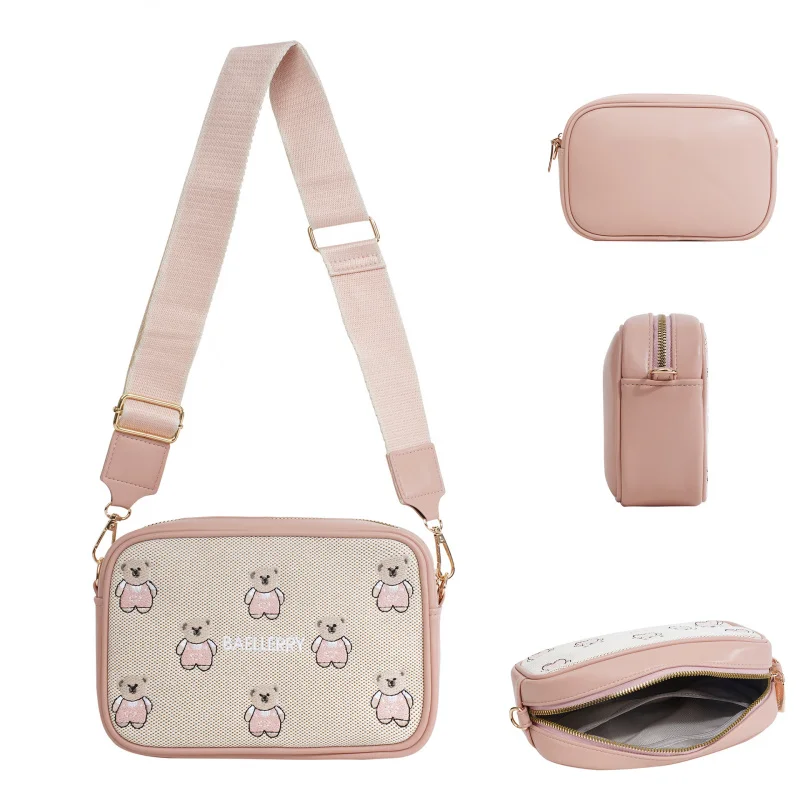 New Women's Crossbody Bag with Embroidered Cute Bear Large Capacity PU Phone Bag