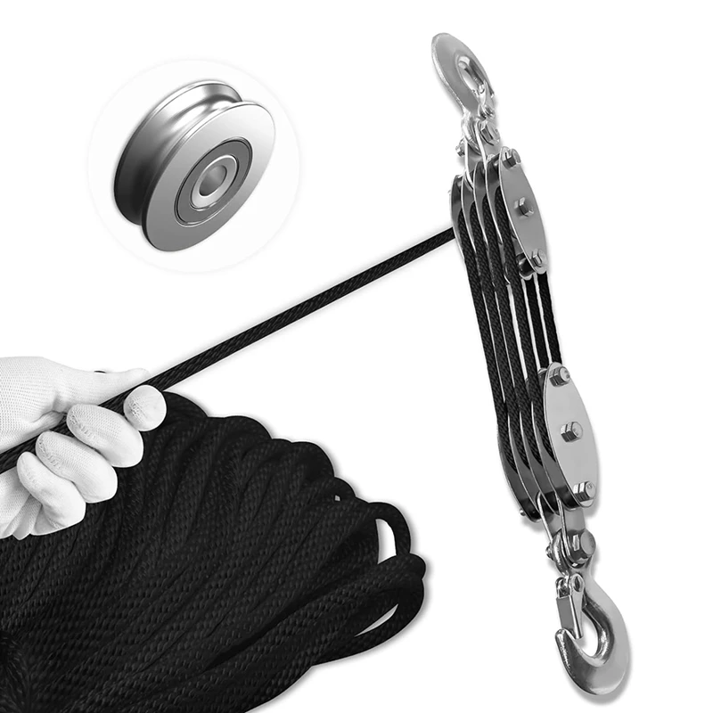 WFF Block And Tackle Pulley System, 4-Wheel Rope Pulley Hoist, 2200LB Work Load With 65Ft Of 1/4 Inch Rope, Compact Rope