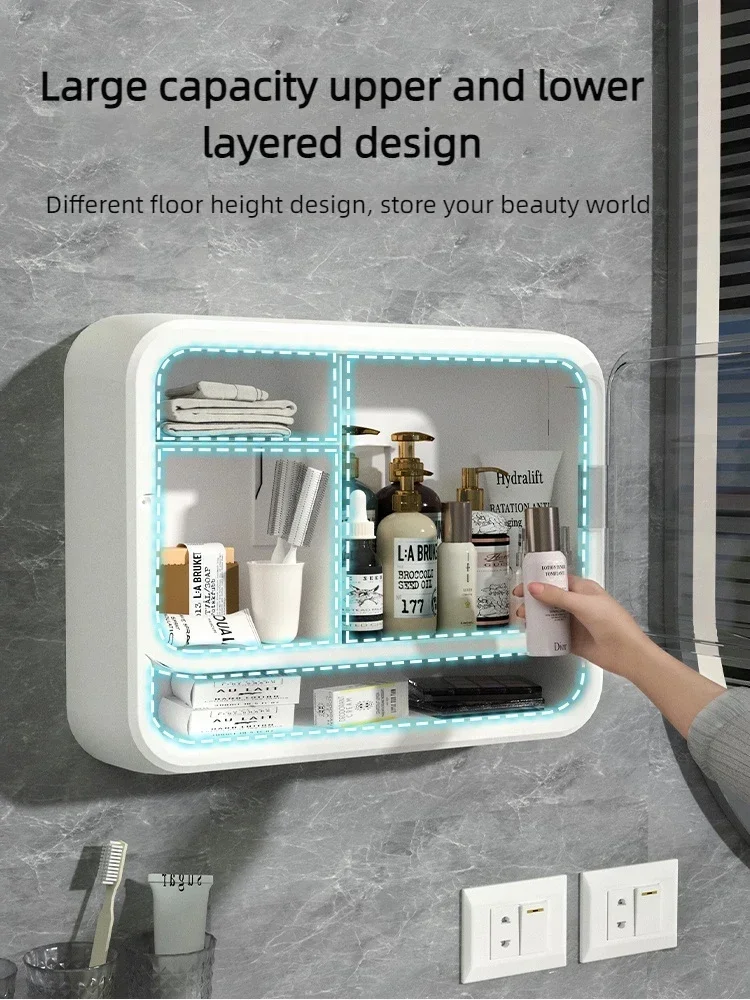 1pc Punch Free Dust-proof Storage Rack With Lid, Household Large Capacity Storage Shelf For Wall-mounted Cosmetics Storage Box 6
