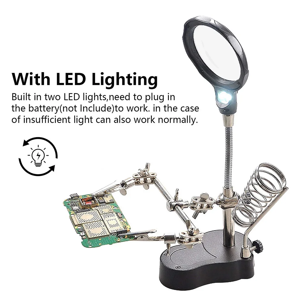 3.5X 12X Helping Hands Third Hand Soldering Iron Welding Stand with 2 LED Clip Magnifier
