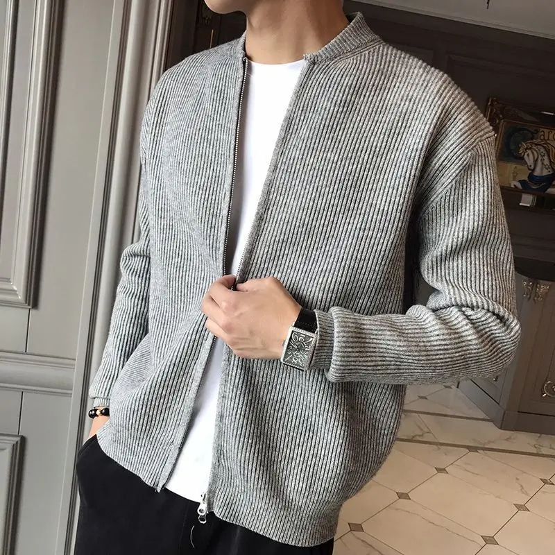 Knitted Cardigan Spring and Autumn Korean Edition Stand Collar Solid Color Pit Stripe Slim Fitting Men's Sweater Coat