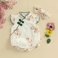 Toddler Girls Embroidered Floral Romper Set With Headband