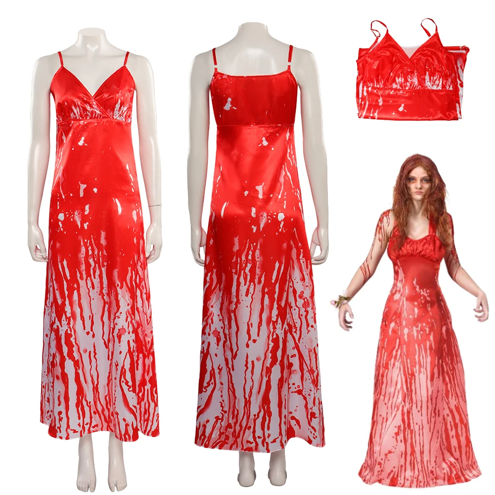 

Horror Movie Carrie White Cosplay Sexy Blood Red Slip Printed Dress Costume Adult Girls Women Halloween Party Roleplay Suit