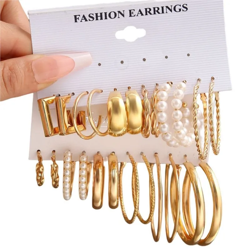 12 Pairs/set 14K Gold Color C-shaped Stud Earring Sets for Women Trendy Temperament Daily Earrings Fashion Jewelry Sets Gifts