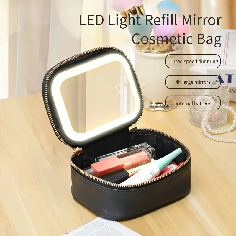 Mini-Kosmetiktasche mit LED-Spiegel Kleiner Reise-Kosmetikorganizer 3 Lichtstufen Einstellbare Helligkeit für Frauen Tragbare Zug-Kulturtasche